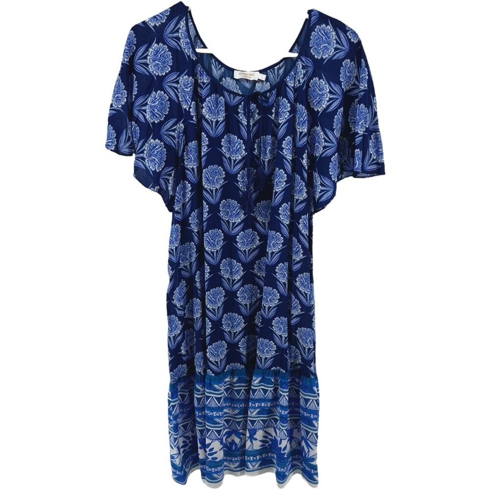 Johnny Was Yao Dress Midi Cover-Up Dolman Short Sleeve Tie Waist Floral Blue L - Picture 2 of 5